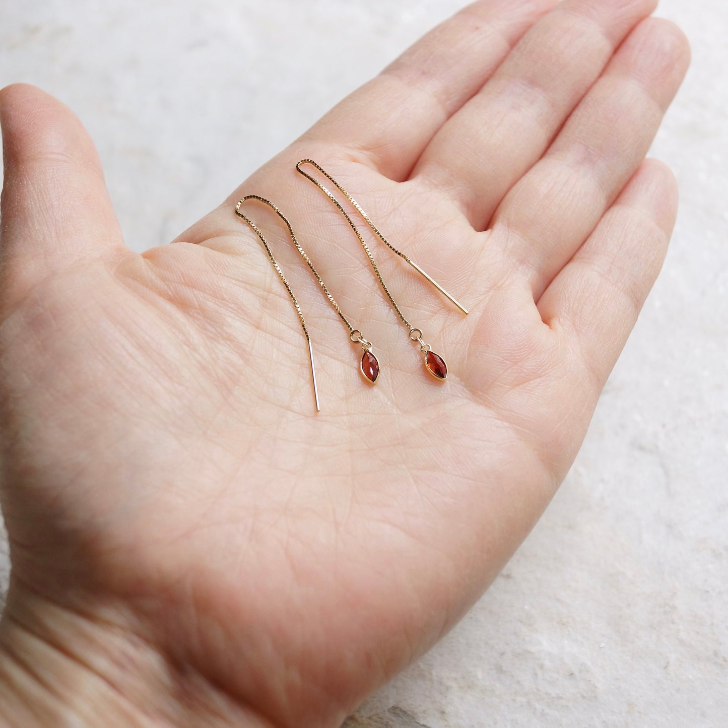 14K Solid Gold: Garnet Earrings, Threader earrings, Marquise Jewelry, Long Chain, Dainty, Minimalist , Root Chakra, Healing Stone, Red