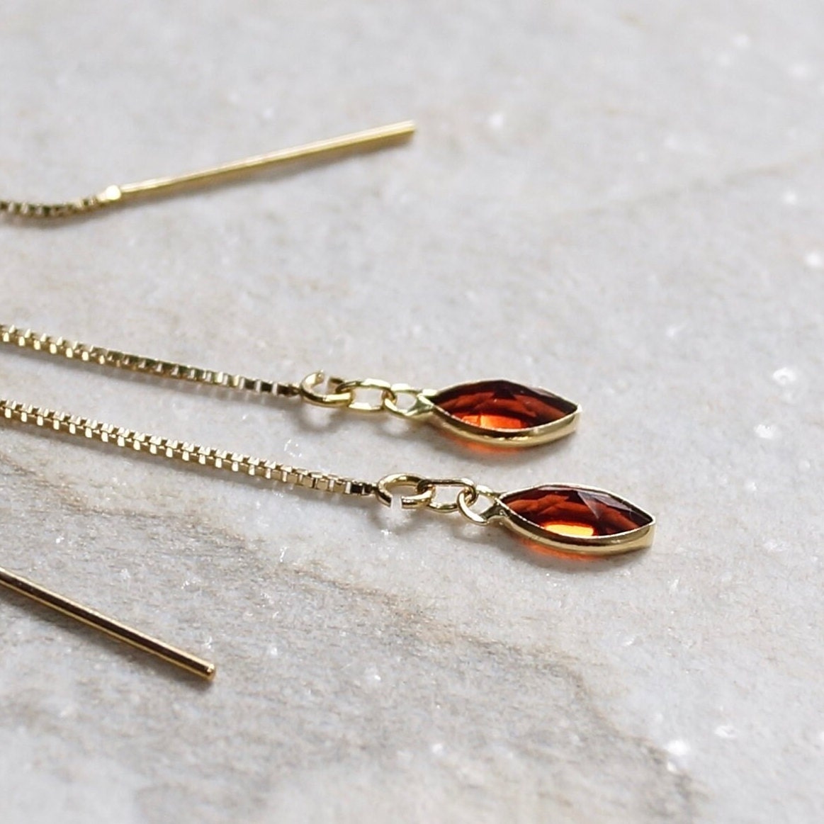 14K Solid Gold: Garnet Earrings, Threader earrings, Marquise Jewelry, Long Chain, Dainty, Minimalist , Root Chakra, Healing Stone, Red