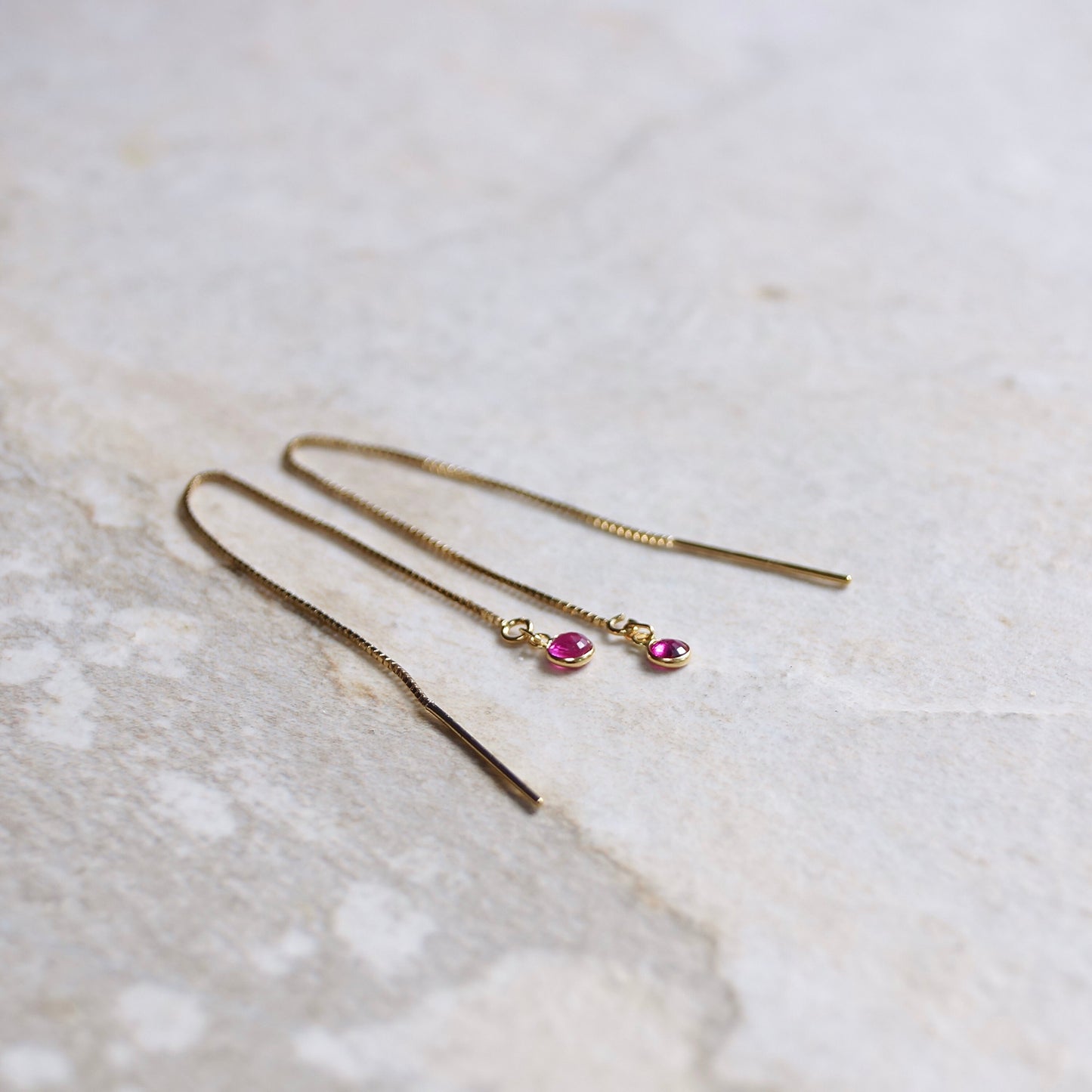 14K Solid Gold: Ruby Earrings, Threader Earrings, Natural Ruby Jewelry, Long Chain, Dainty, Minimalist , July Birthstone, Pink, Red