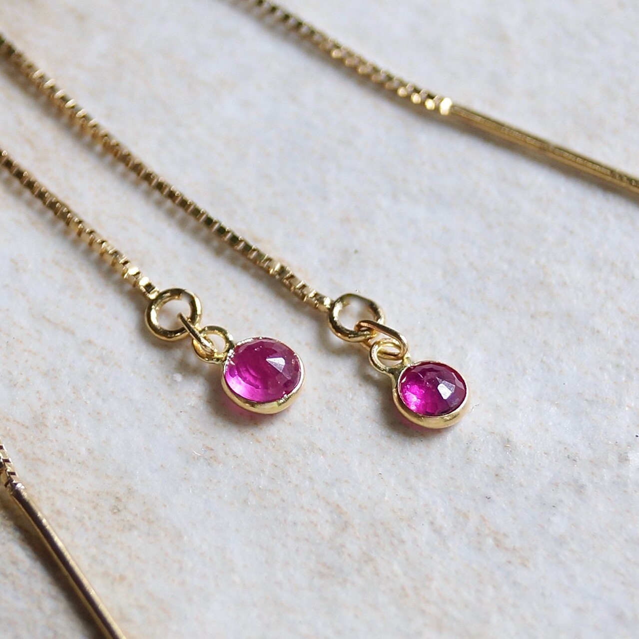 14K Solid Gold: Ruby Earrings, Threader Earrings, Natural Ruby Jewelry, Long Chain, Dainty, Minimalist , July Birthstone, Pink, Red