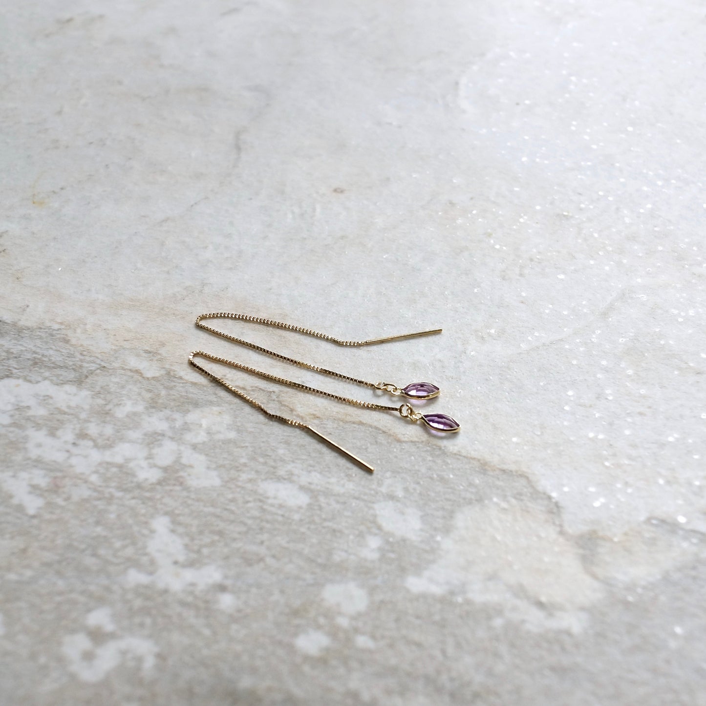 14K Solid Gold: Amethyst Earrings, Threader Earrings, Purple Pink Amethyst Jewelry, Long Chain, Dainty, Minimalist , February Birthstone