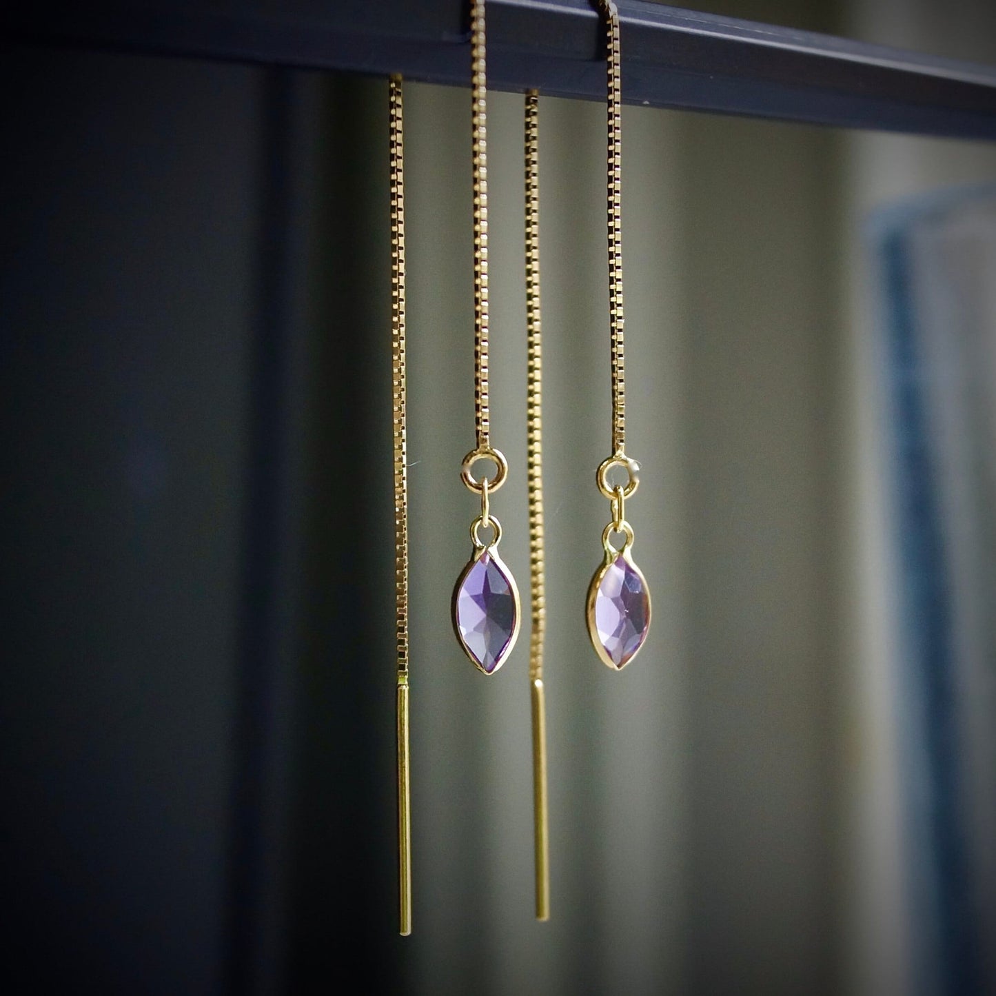 14K Solid Gold: Amethyst Earrings, Threader Earrings, Purple Pink Amethyst Jewelry, Long Chain, Dainty, Minimalist , February Birthstone