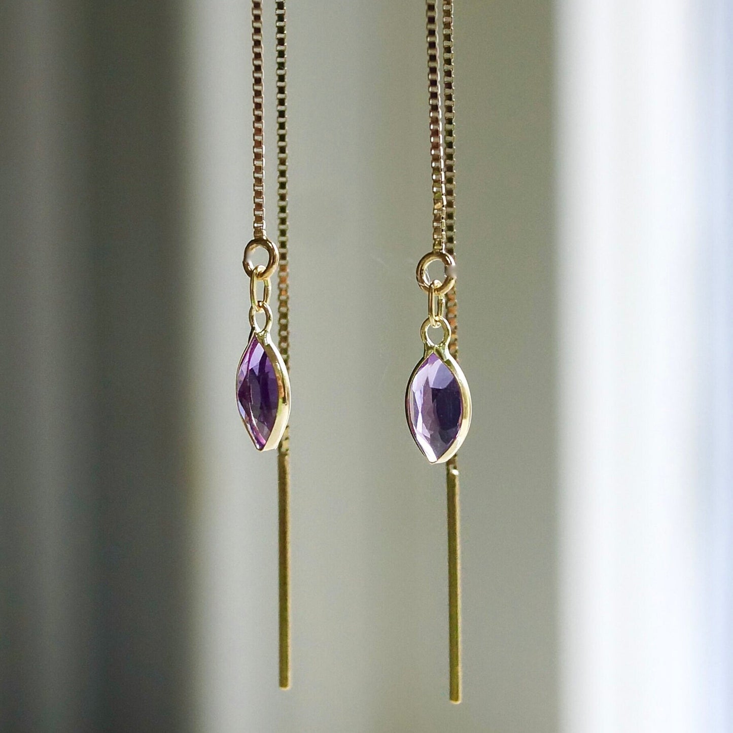 14K Solid Gold: Amethyst Earrings, Threader Earrings, Purple Pink Amethyst Jewelry, Long Chain, Dainty, Minimalist , February Birthstone