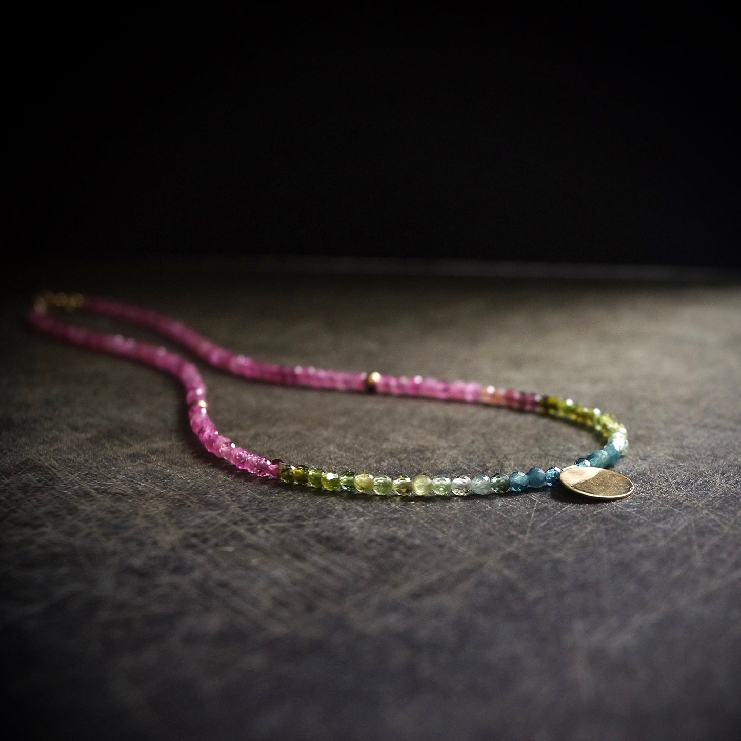 14K: Gold Disk & Tourmaline Necklace| Boho| Bohemian| Solid Gold| Fine Jewelry| Multi Color| Rainbow Tourmaline| Pink Blue Green| Choker