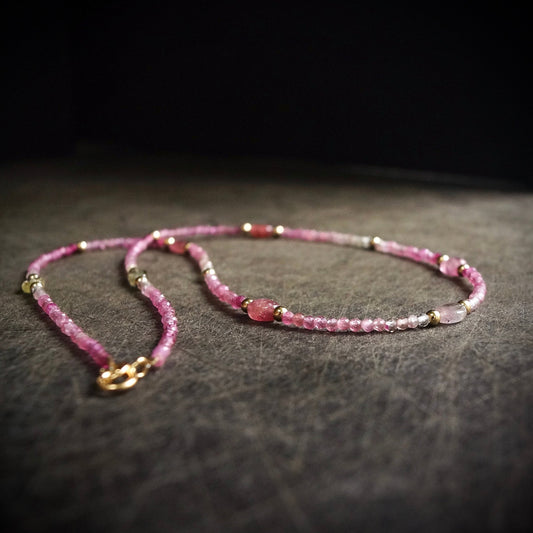 14K: Pink Tourmaline Bead Necklace| Ombre Tourmaline| Boho| Bohemian| Skinny Necklace| Dainty Jewelry| Solid Gold