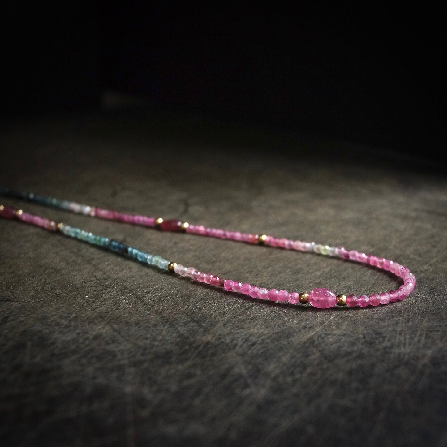 14K:Watermelon Tourmaline Bead Necklace| 2.5mm| Pink Blue Green| Solid Gold| For Her| Spiritual Jewelry