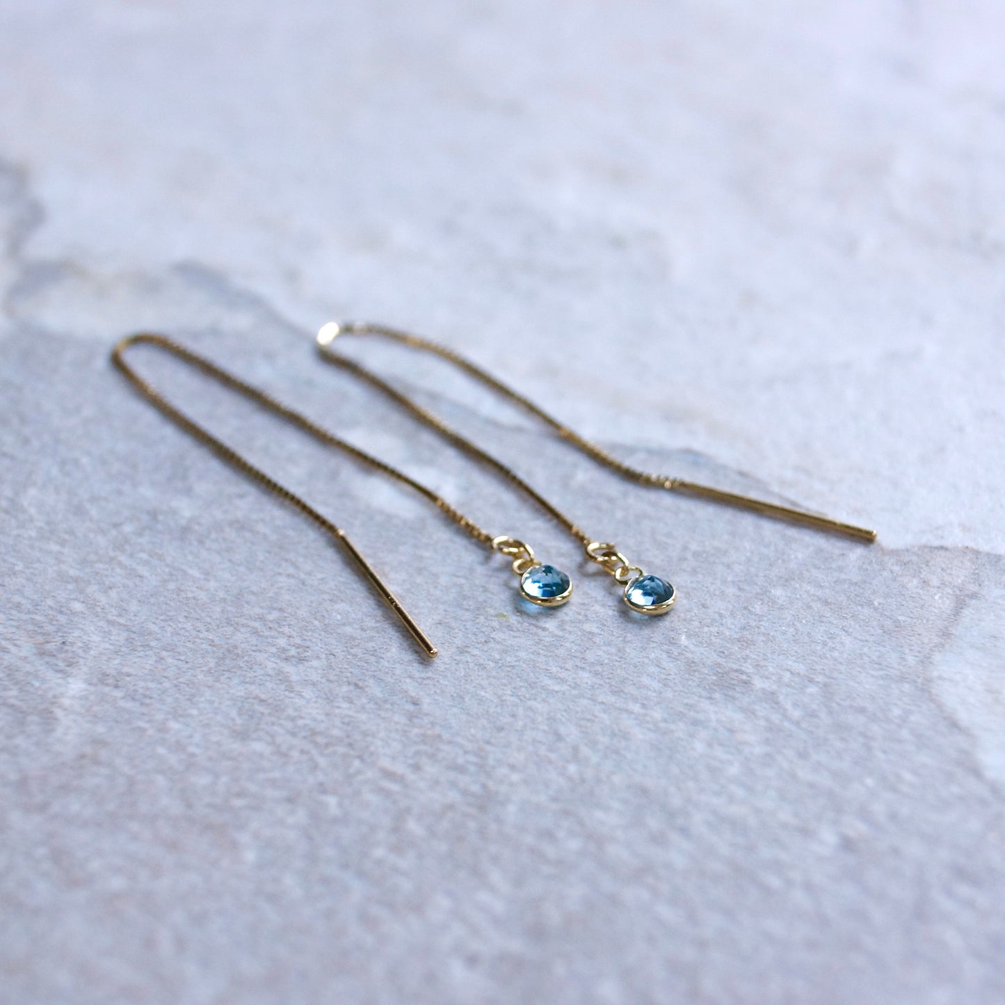 14K Solid Gold: Blue Topaz Earrings, Threader Earrings, Long Box Chain, Dainty, Minimalist , December Birthstone, Swiss Blue