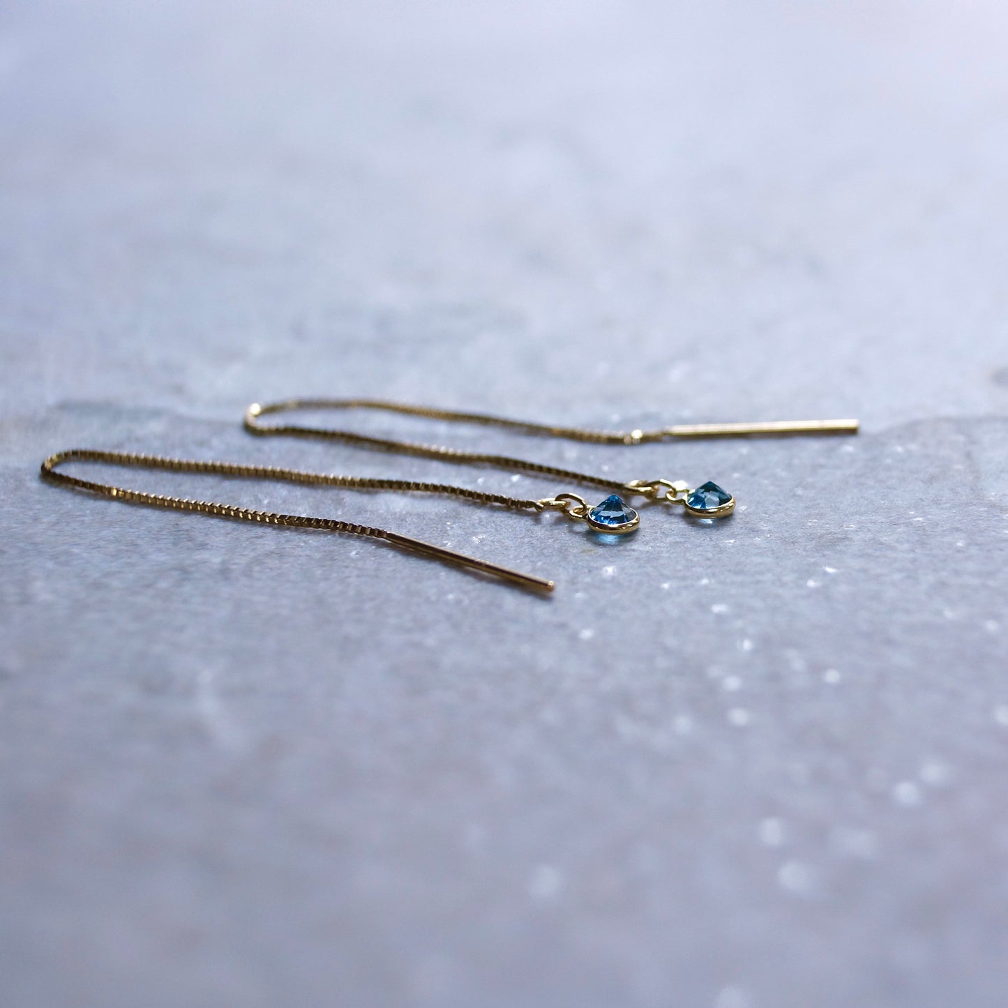 14K Solid Gold: Blue Topaz Earrings, Threader Earrings, Long Box Chain, Dainty, Minimalist , December Birthstone, Swiss Blue