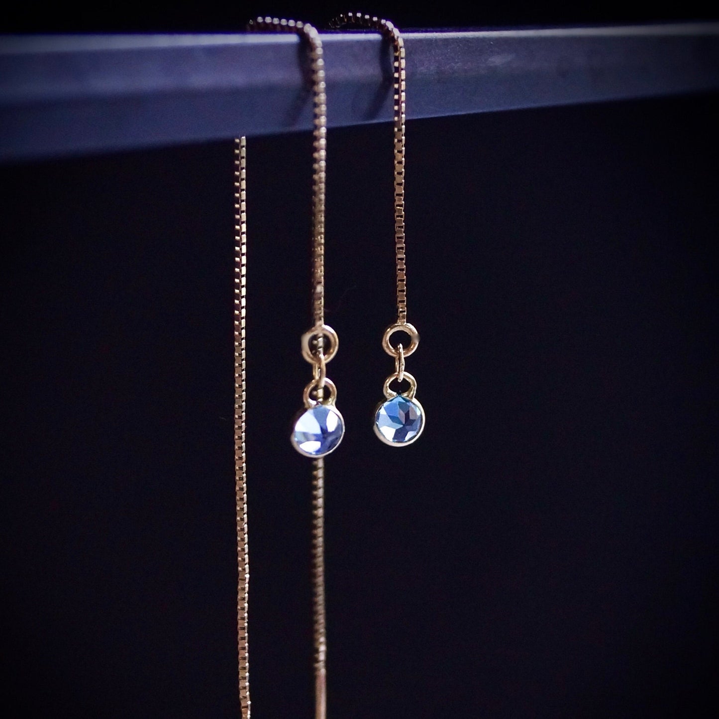 14K Solid Gold: Blue Topaz Earrings, Threader Earrings, Long Box Chain, Dainty, Minimalist , December Birthstone, Swiss Blue