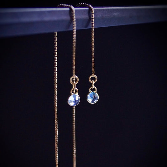 14K Solid Gold: Blue Topaz Earrings, Threader Earrings, Long Box Chain, Dainty, Minimalist , December Birthstone, Swiss Blue