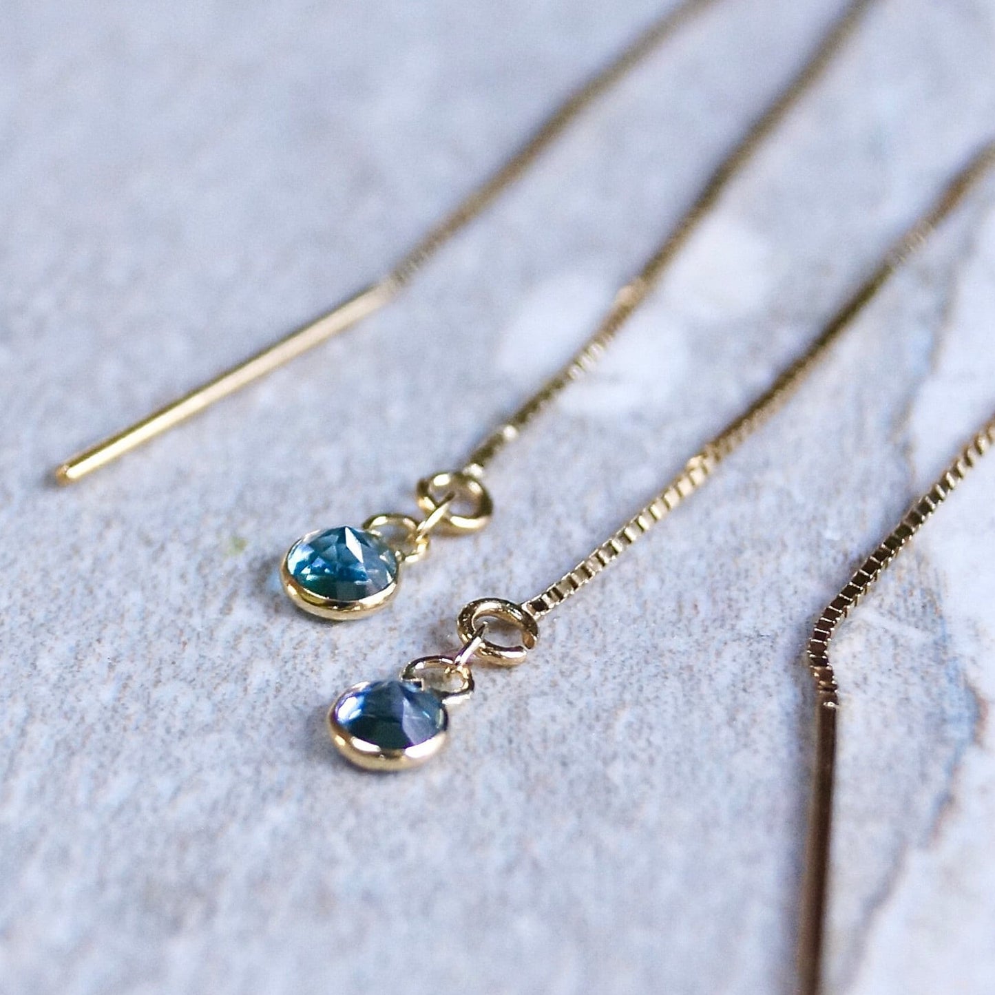 14K Solid Gold: Blue Topaz Earrings, Threader Earrings, Long Box Chain, Dainty, Minimalist , December Birthstone, Swiss Blue