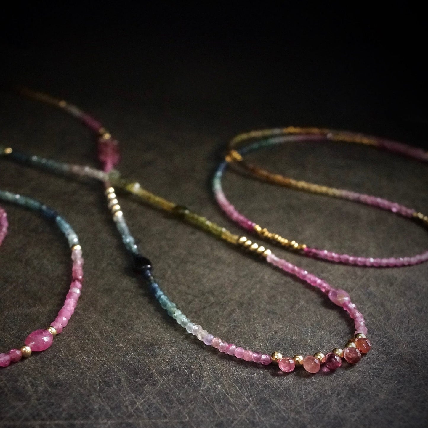 14K Solid Gold: Watermelon Tourmaline Ombre Beaded Necklace, Pink Blue Green, Shaded Tourmaline, layered Necklace, Multi Color Gemstone