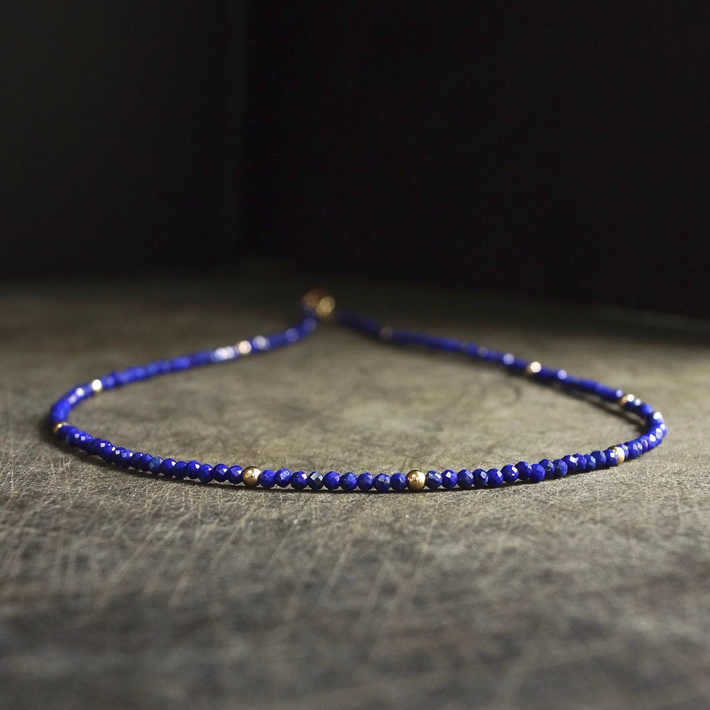 14K Solid Gold: Lapis Lazuli Beaded Necklace, Simple Layer Lapis Choker, Dainty Navy Blue Gemstone Necklace, Fine Jewelry, Minimalist