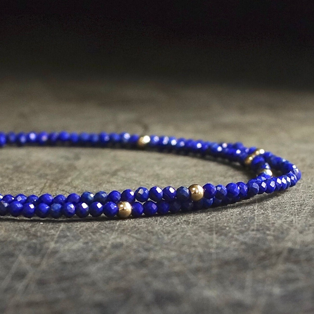 14K Solid Gold: Lapis Lazuli Beaded Necklace, Simple Layer Lapis Choker, Dainty Navy Blue Gemstone Necklace, Fine Jewelry, Minimalist