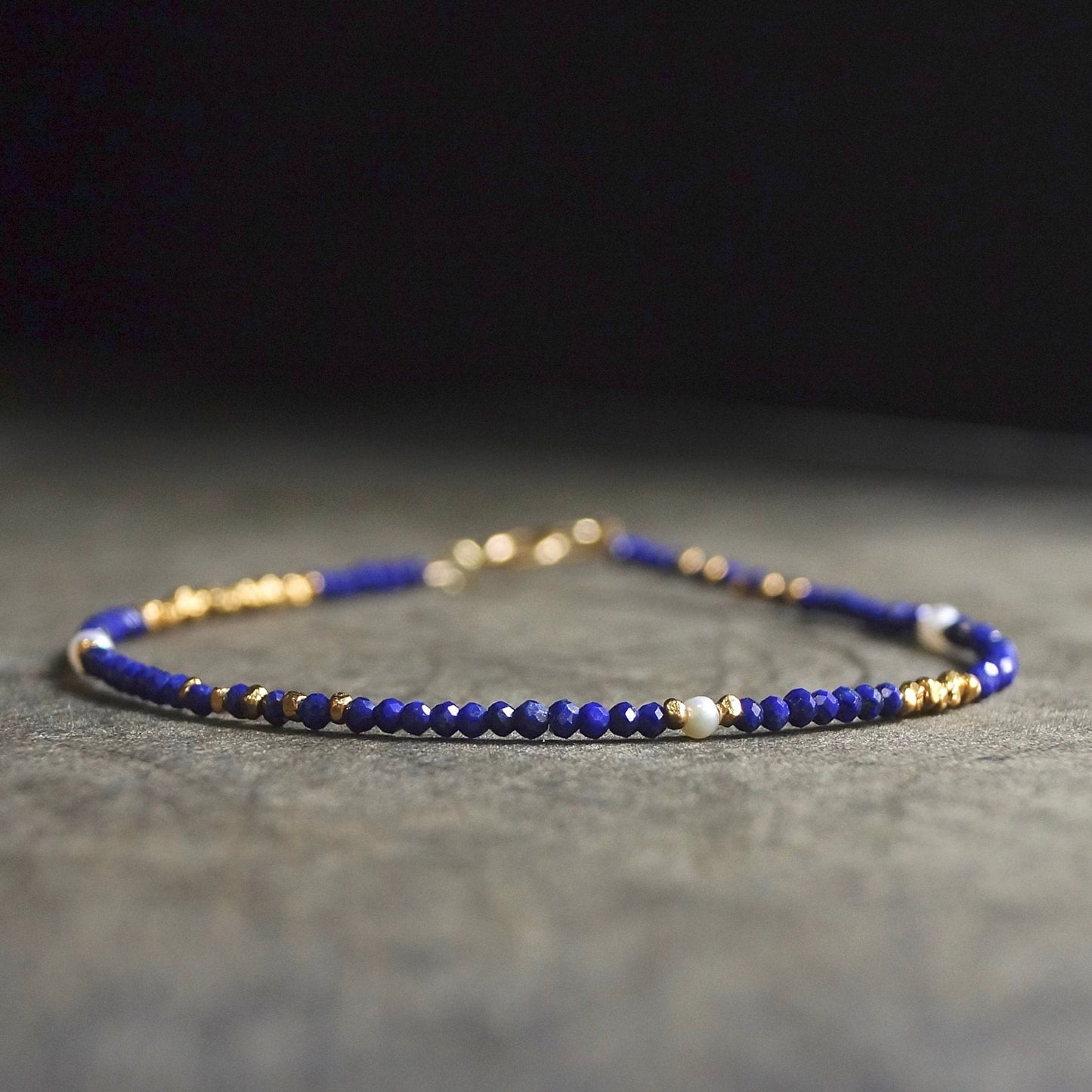 14K Solid Gold and Vermeil: Lapis Lazuli Beaded Bracelet | 2mm | Vermeil Gold Beads | Boho | Bohemian | Skinny | Chakra | Spiritual