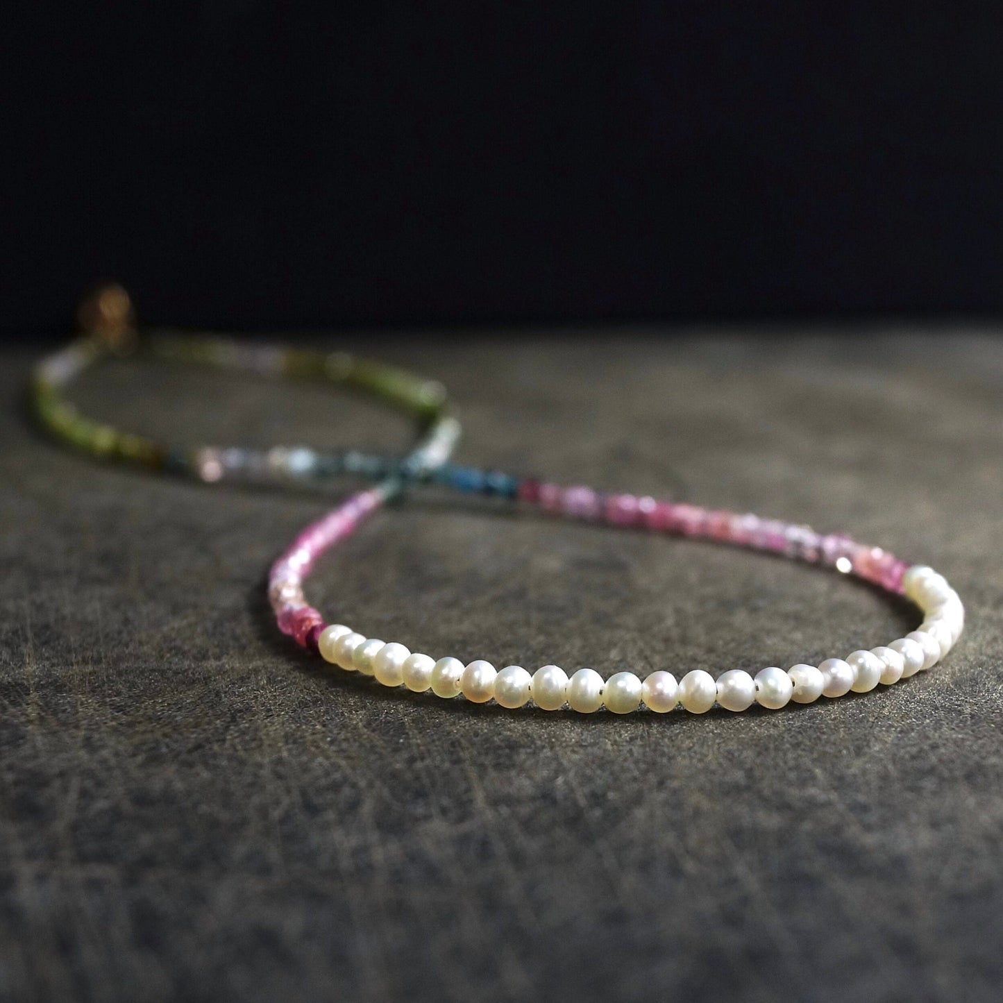 14K Solid Gold: Multi Color Tourmaline Beaded Necklace, Freshwater Pearl, October Birthstone, Skinny Gemstone Necklace, Layering Choker