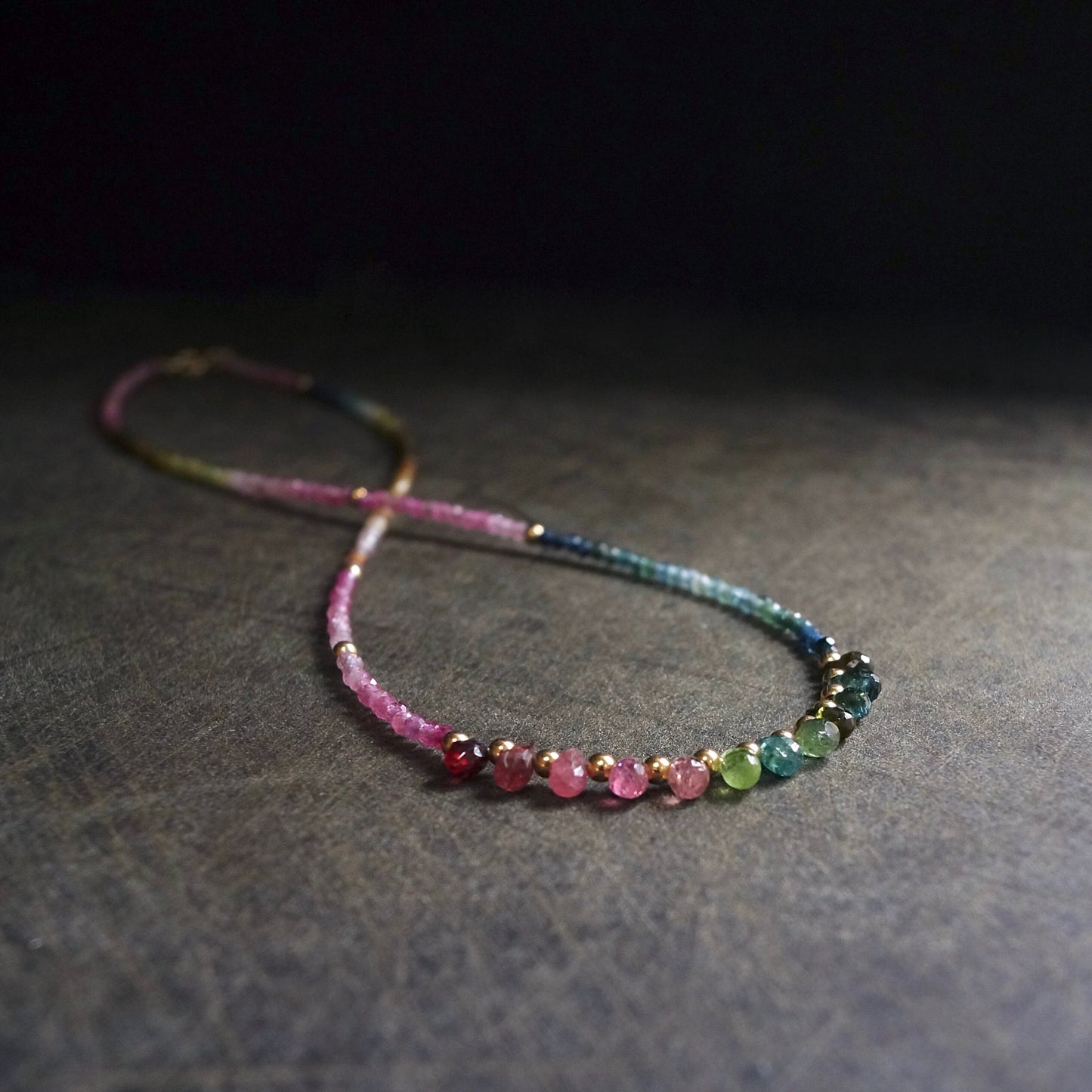 14K Solid Gold: Watermelon Tourmaline Ombre Beaded Necklace, Pink & Blue, Shaded Tourmaline, layered Necklace, Multi Color Beaded Necklace