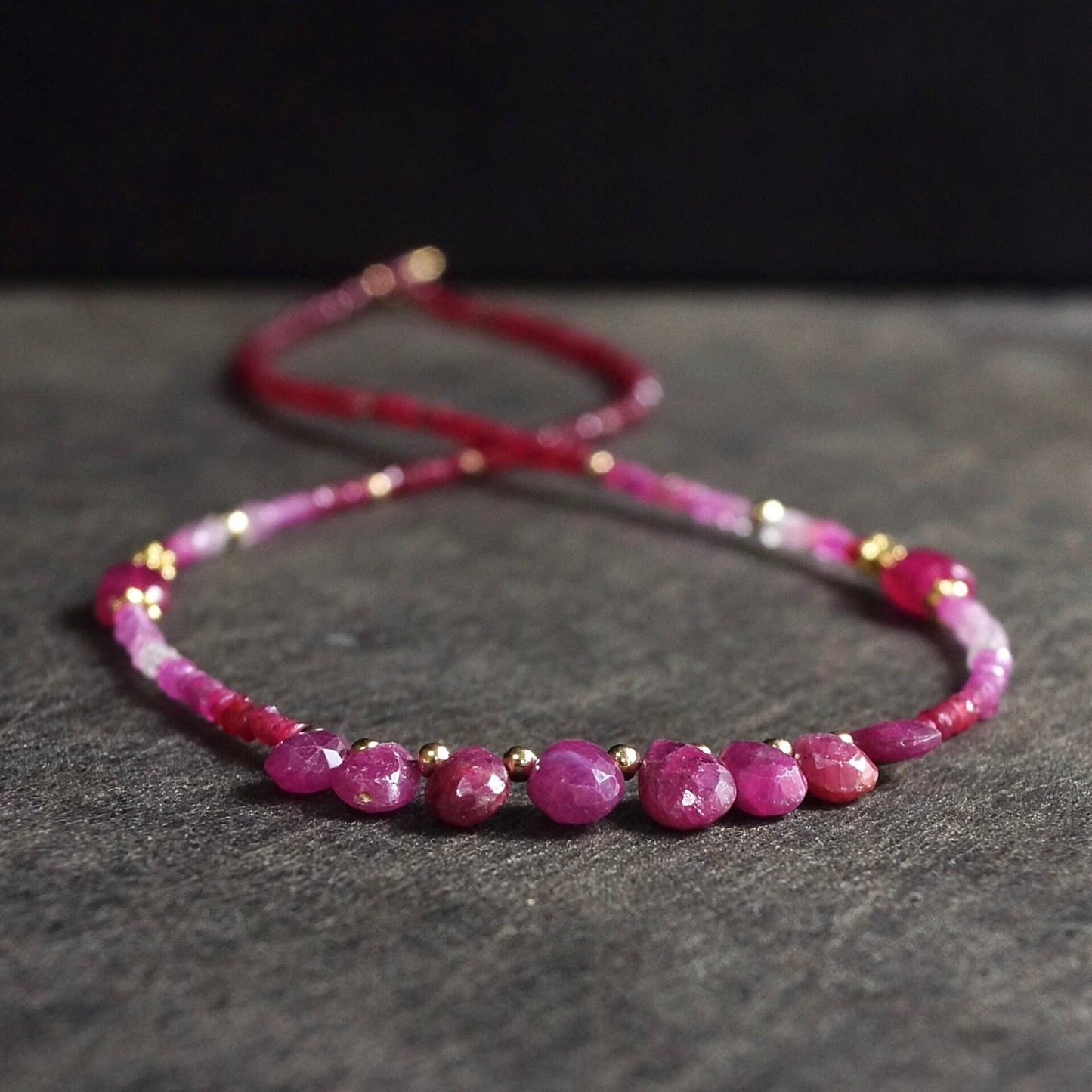 14k Solid Gold: Shaded Ruby Necklace, October Birthstone, Layered Necklace, Ombre Red Ruby, Ultra Skinny Necklace, Delicate Beaded Gemstone