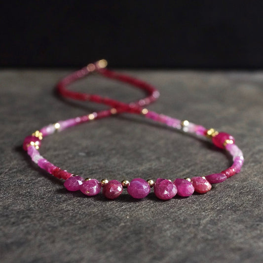 14k Solid Gold: Shaded Ruby Necklace, October Birthstone, Layered Necklace, Ombre Red Ruby, Ultra Skinny Necklace, Delicate Beaded Gemstone