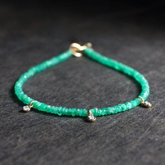 14K: Natural Diamond & Emerald Bead Bracelet| Colombian Emerald| Real Natural Emerald| May Birthstone| Green| Anniversary Gift For Her