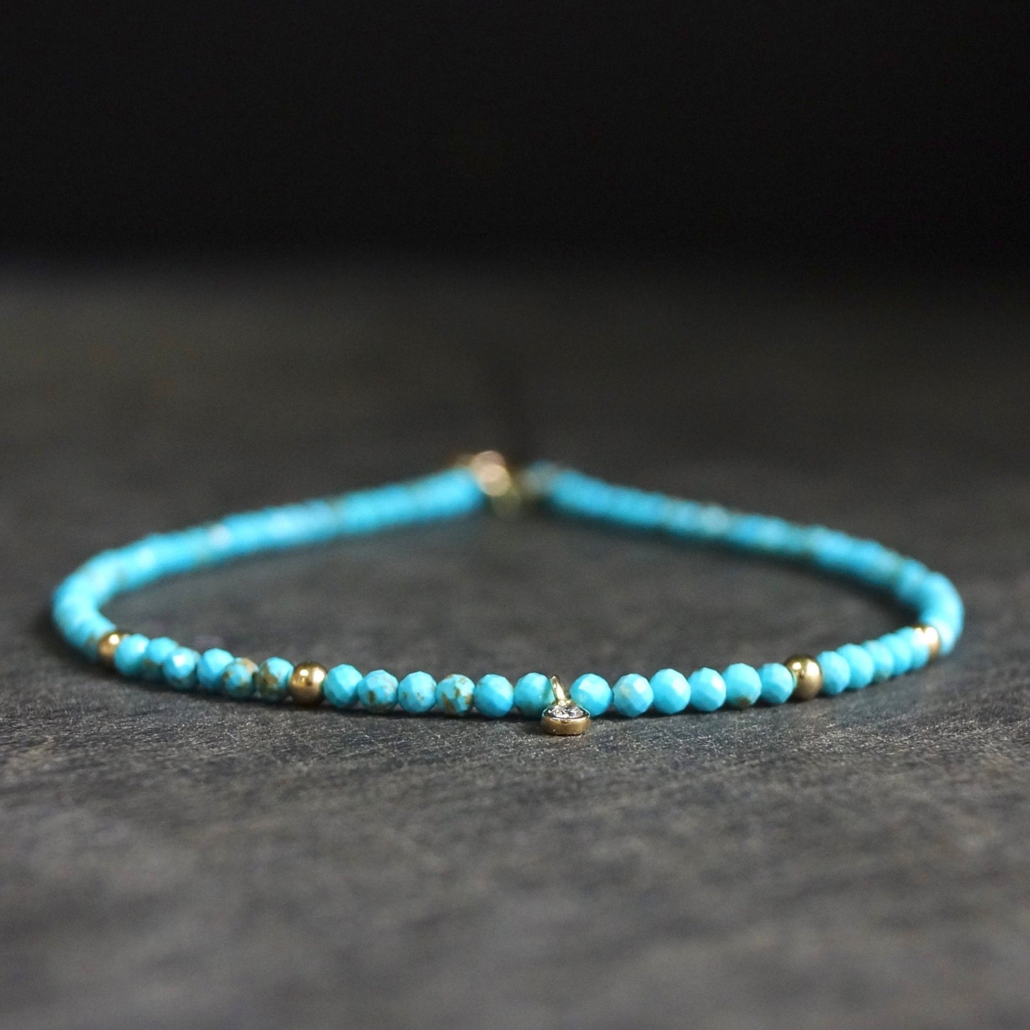 14K: Natural Diamond & Turquoise Bracelet | 2.5mm | Natural Diamond Charm | Sleeping Beauty | Boho| Delicate  | Fine Jewelry | Anniversary