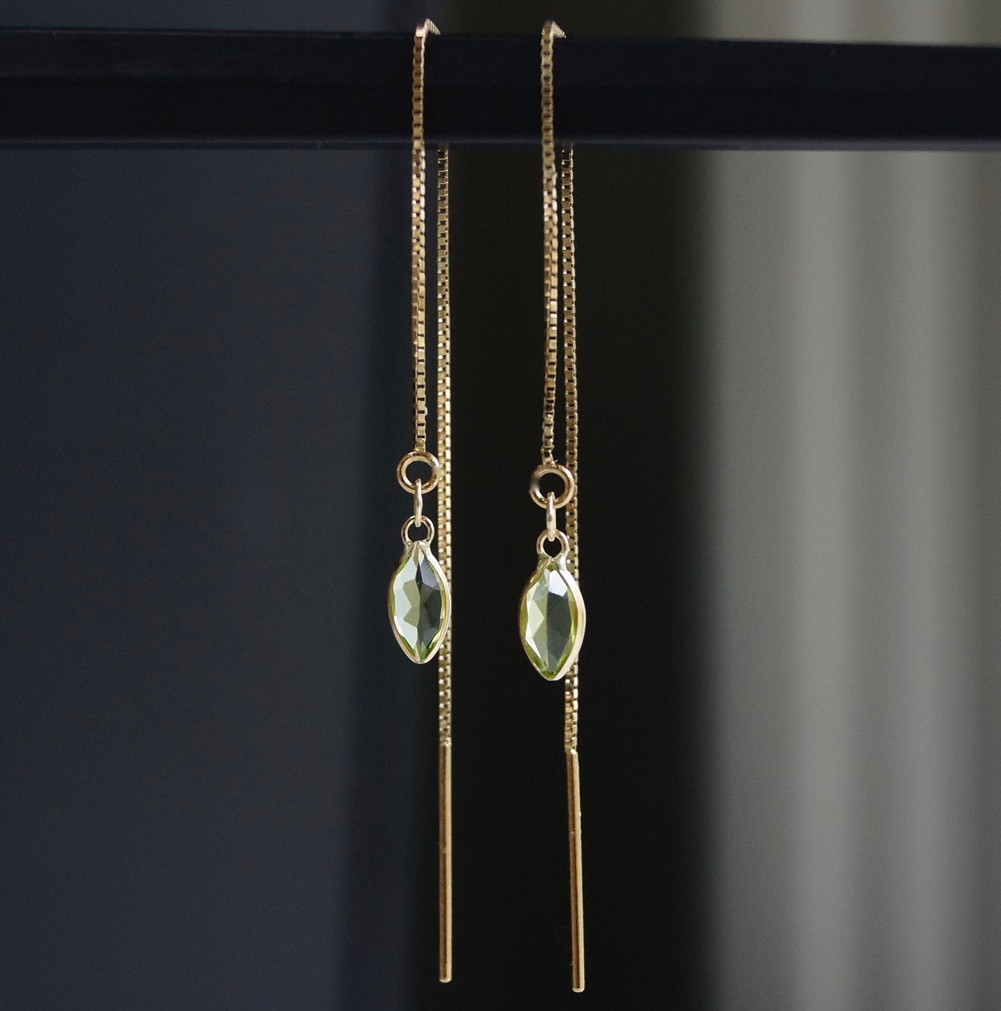 14K Solid Gold: Peridot Earrings, Threader Earrings, Green Peridot Jewelry, Long Chain, Dainty, Minimalist , August Birthstone