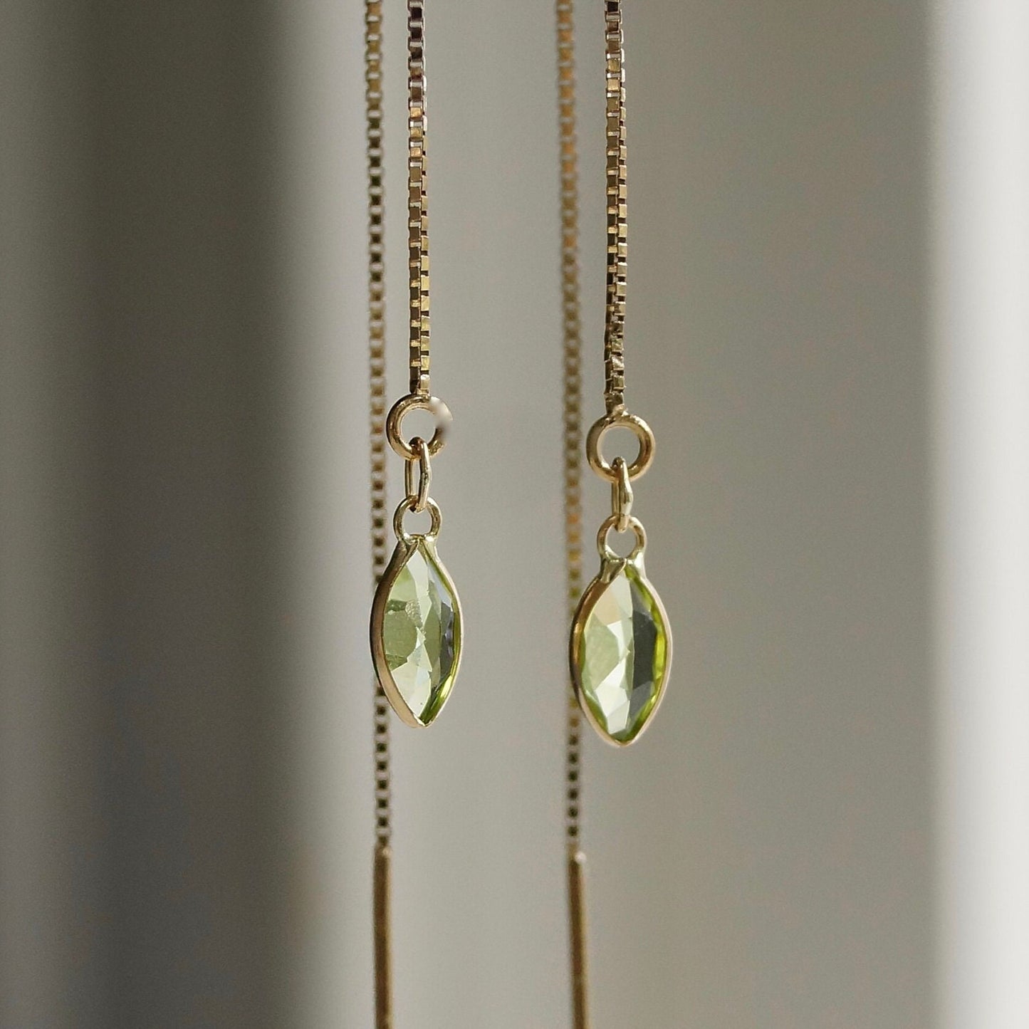 14K Solid Gold: Peridot Earrings, Threader Earrings, Green Peridot Jewelry, Long Chain, Dainty, Minimalist , August Birthstone