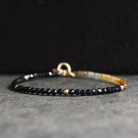 14K Solid Gold: Black Tourmaline Bead Bracelet | 2.5mm | Ombre | Brown | Ocher | Skinny Gemstone | Healing Stone | Chakra