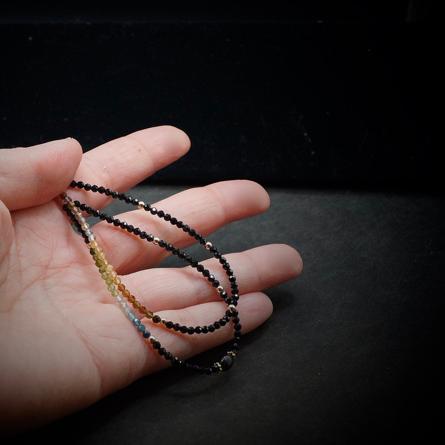 14K Solid Gold: Black Tourmaline Bead Bracelet | 2.5mm | Ombre | Brown | Ocher | Skinny Gemstone | Healing Stone | Chakra