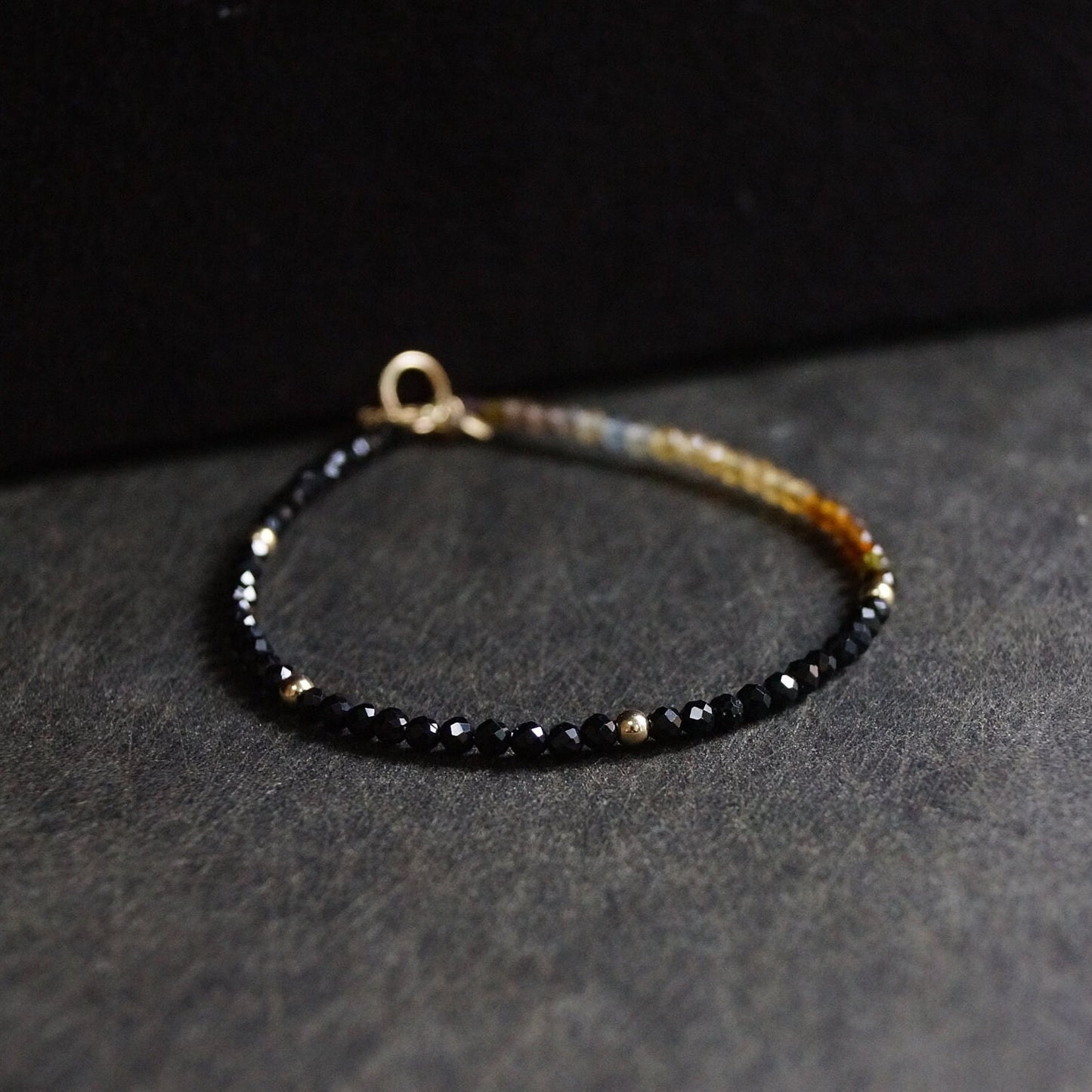 14K Solid Gold: Black Tourmaline Bead Bracelet | 2.5mm | Ombre | Brown | Ocher | Skinny Gemstone | Healing Stone | Chakra