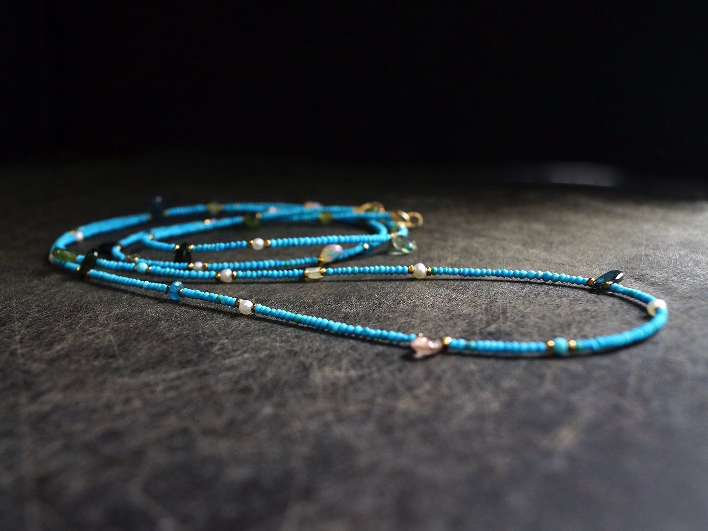 14K Solid Gold and Vermeil: 33" Turquoise Beaded Long Necklace, Skinny Layered Necklace, Fine Jewelry, Seed Beads, Tourmaline, 1.5mm