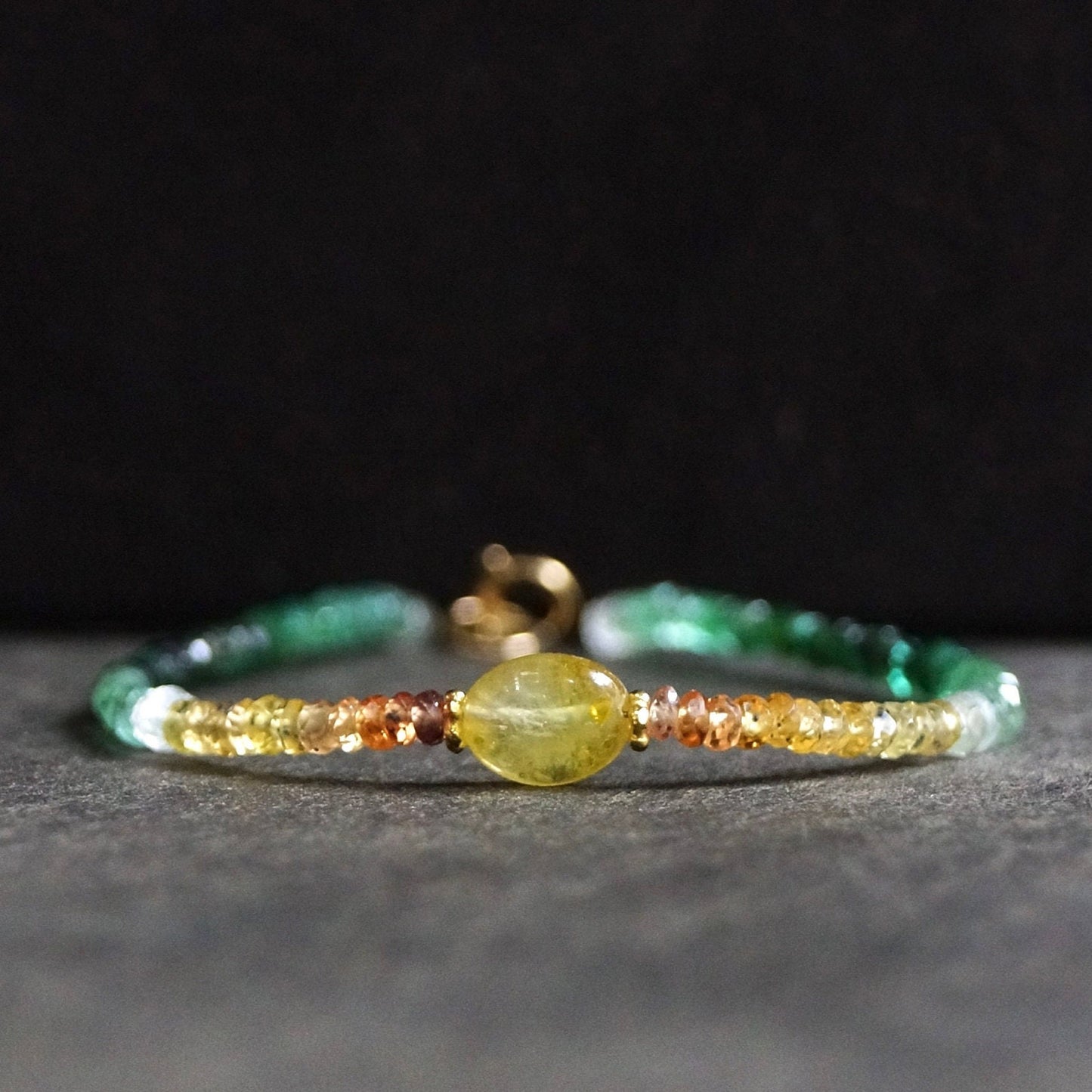 14K Solid Gold: Ombre Sapphire and Emerald Beaded Bracelet, Yellow, Green, Shaded Precious Stone, Fine Jewelry, Delicate,