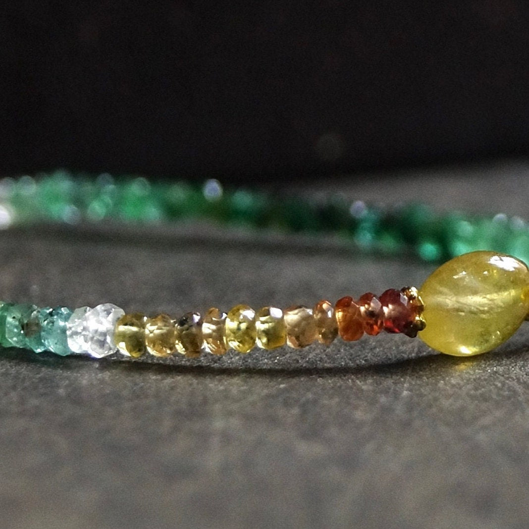 14K Solid Gold: Ombre Sapphire and Emerald Beaded Bracelet, Yellow, Green, Shaded Precious Stone, Fine Jewelry, Delicate,