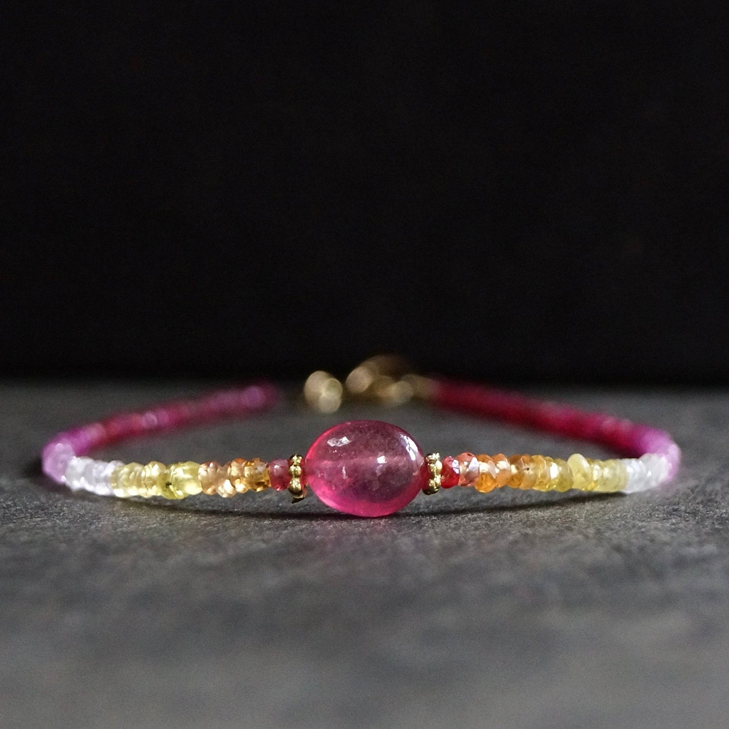 14K Solid Gold: Ombre Ruby and Sapphire Beaded Bracelet, Red Orange Yellow, Shaded Sapphire, Fine Jewelry, Boho, Bohemian, Delicate Skinny