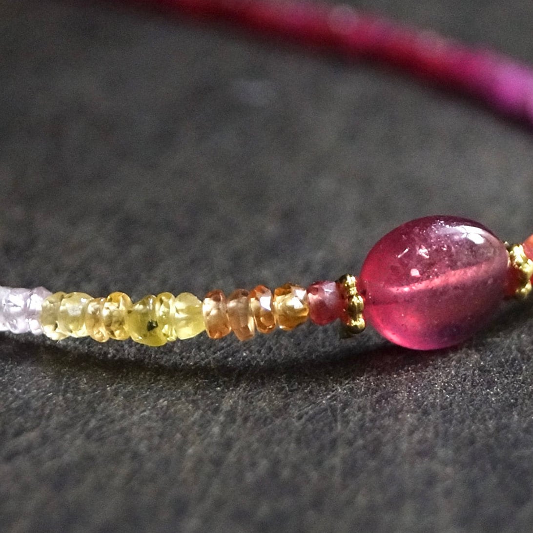 14K Solid Gold: Ombre Ruby and Sapphire Beaded Bracelet, Red Orange Yellow, Shaded Sapphire, Fine Jewelry, Boho, Bohemian, Delicate Skinny