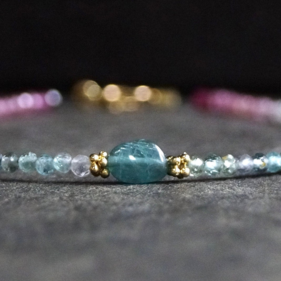 14K Solid Gold: Teal Blue Tourmaline Bead Bracelet, Shaded Pink Blue, Stacking Gemstone Bracelet, Fine Jewelry, Ombre, Chakra, Fine Jewelry