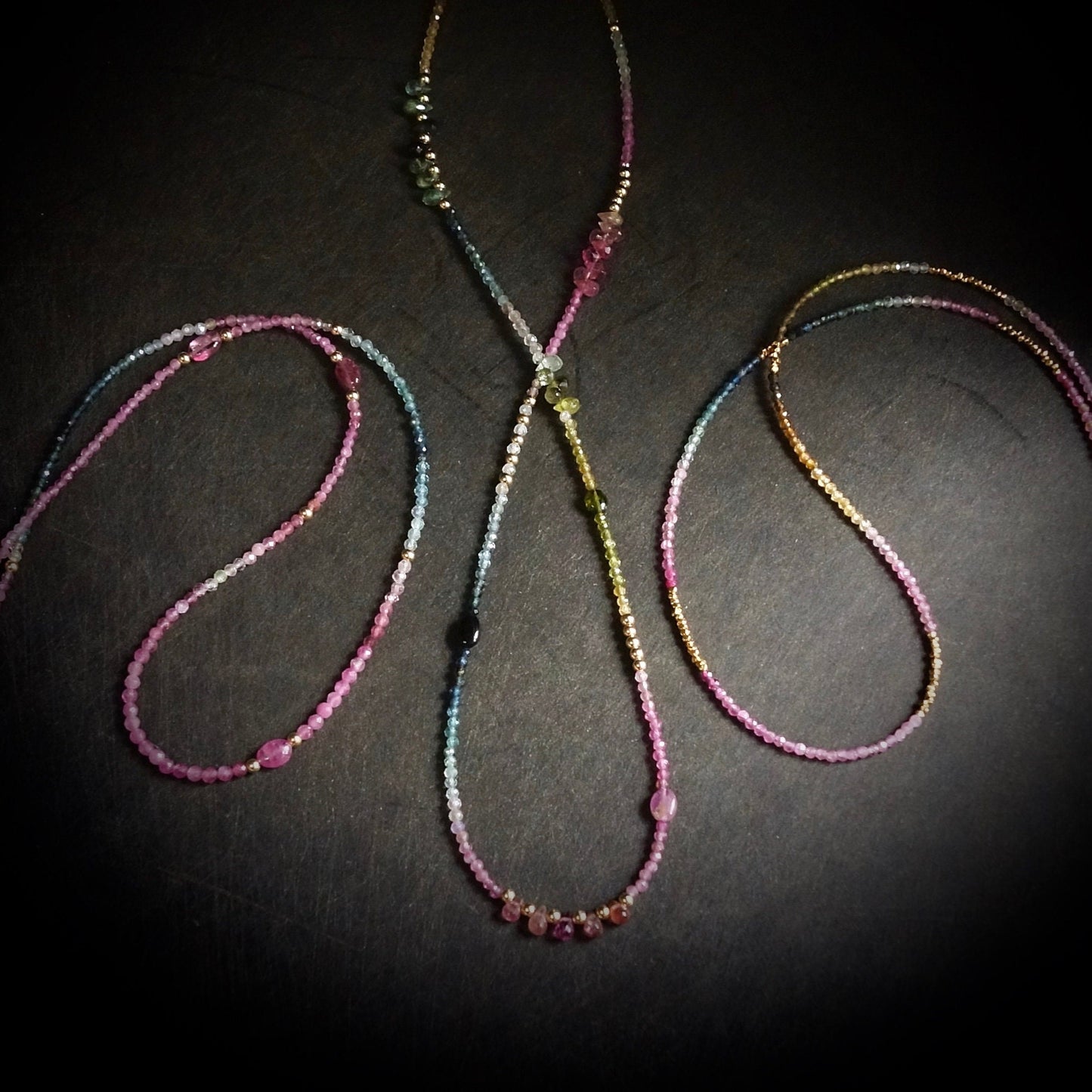 14K: 20" Ombre Multi Color Tourmaline Beaded Necklace, Vermeil Gold, Shaded Tourmaline, layered Necklace, Watermelon