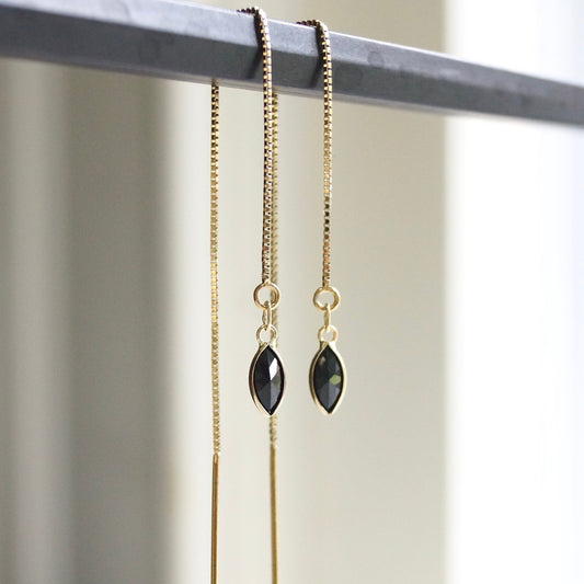 14K Solid Gold: Black Spinel Earrings, Threader Earrings, Tiny Jewelry, Long Chain, Dainty, Minimalist , Diamond Spinel