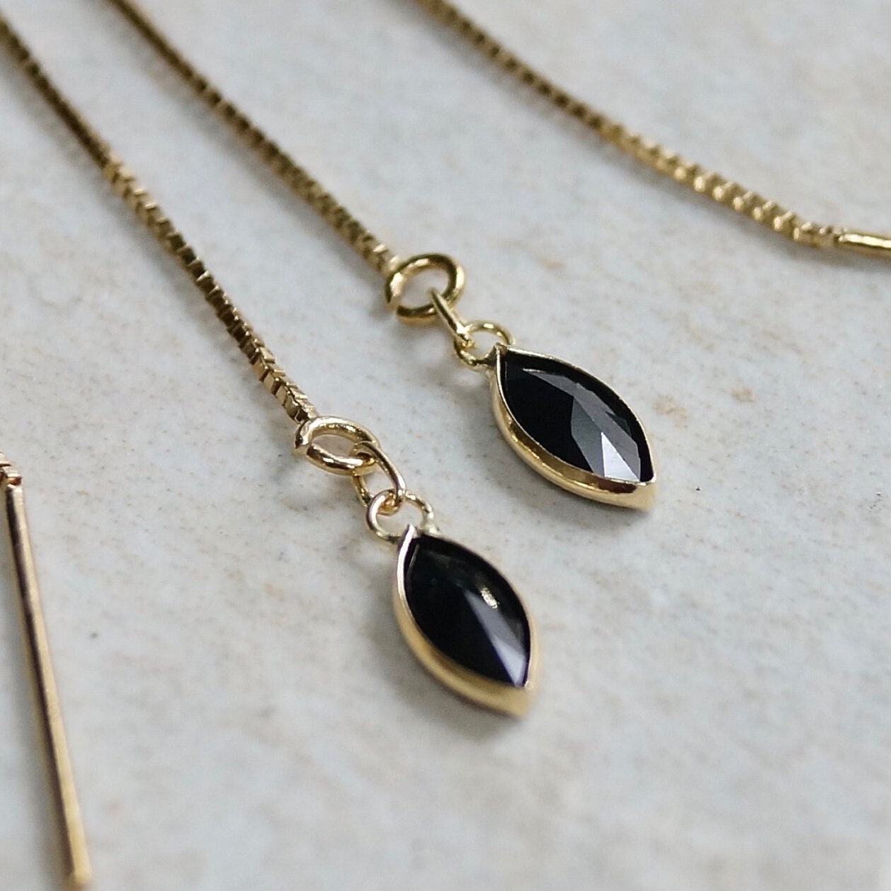 14K Solid Gold: Black Spinel Earrings, Threader Earrings, Tiny Jewelry, Long Chain, Dainty, Minimalist , Diamond Spinel