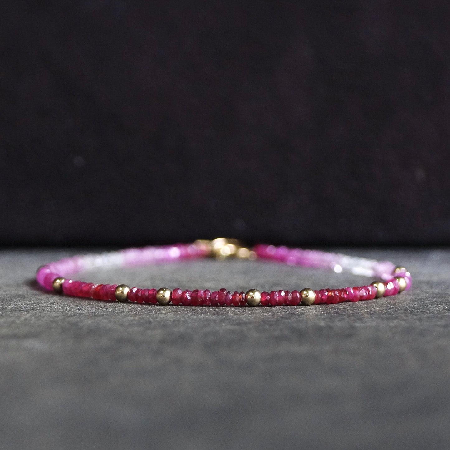 14K Solid Gold Ruby Bead Bracelet | 2 mm | Red Gradient | Natural Ruby | Stacking Bracelet | Dainty | Skinny | July Birthstone