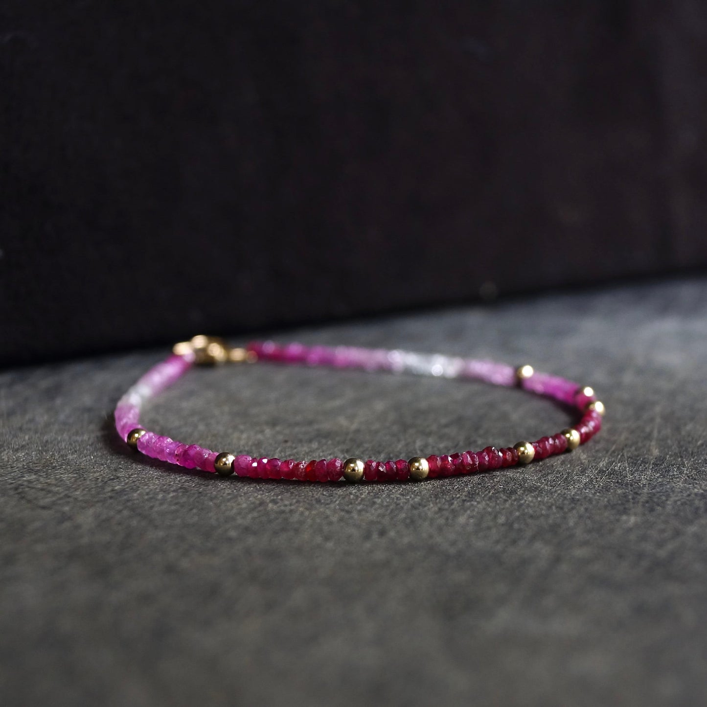 14K Solid Gold Ruby Bead Bracelet | 2 mm | Red Gradient | Natural Ruby | Stacking Bracelet | Dainty | Skinny | July Birthstone