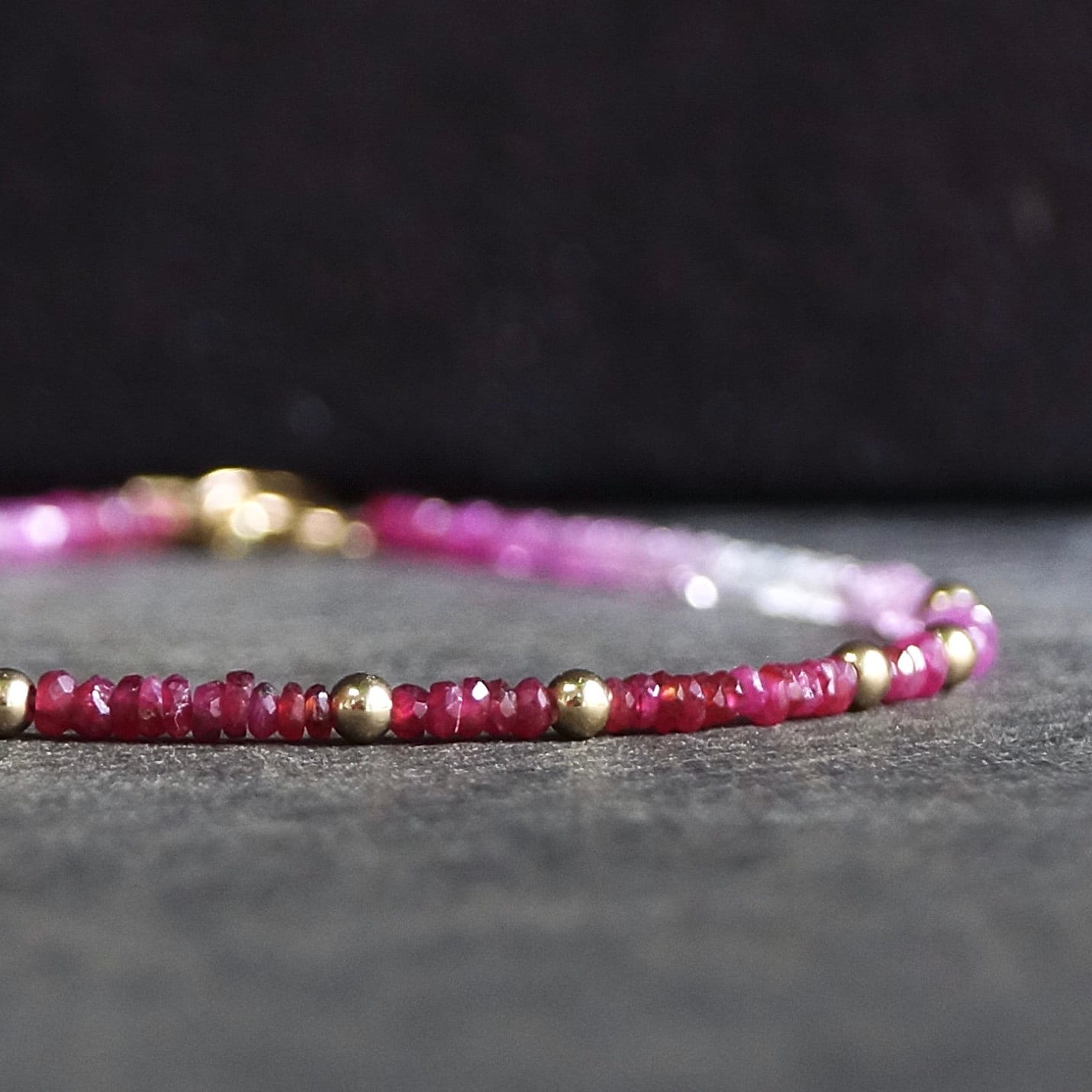 14K Solid Gold Ruby Bead Bracelet | 2 mm | Red Gradient | Natural Ruby | Stacking Bracelet | Dainty | Skinny | July Birthstone