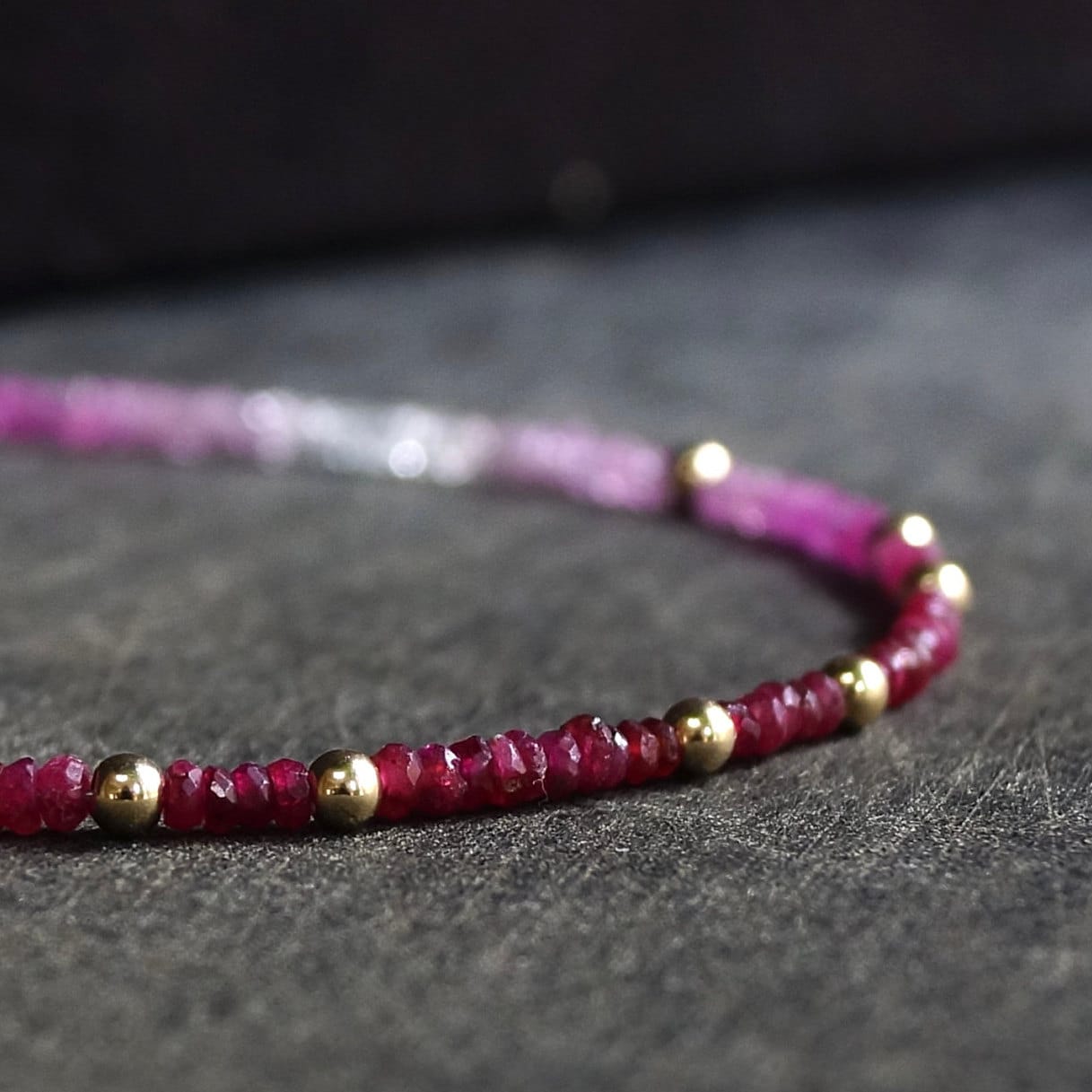 14K Solid Gold Ruby Bead Bracelet | 2 mm | Red Gradient | Natural Ruby | Stacking Bracelet | Dainty | Skinny | July Birthstone