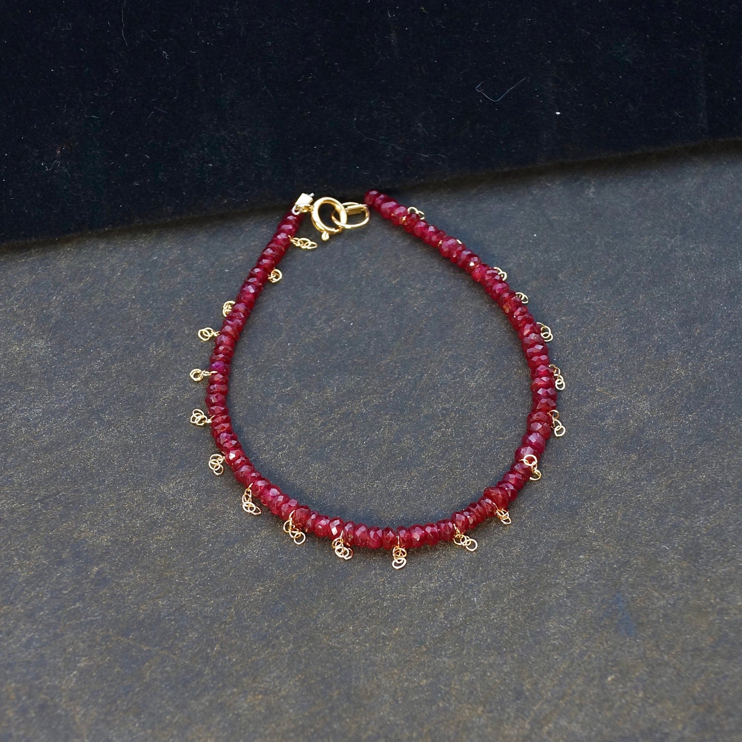 14K Solid Gold Bracelet with Ruby | 2.5mm - 3mm | Gold Fringe Chain | Natural Ruby | Stacking Bracelet | Delicate | Skinny | July Birthstone