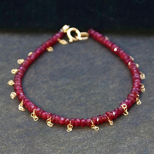 14K Solid Gold Bracelet with Ruby | 2.5mm - 3mm | Gold Fringe Chain | Natural Ruby | Stacking Bracelet | Delicate | Skinny | July Birthstone