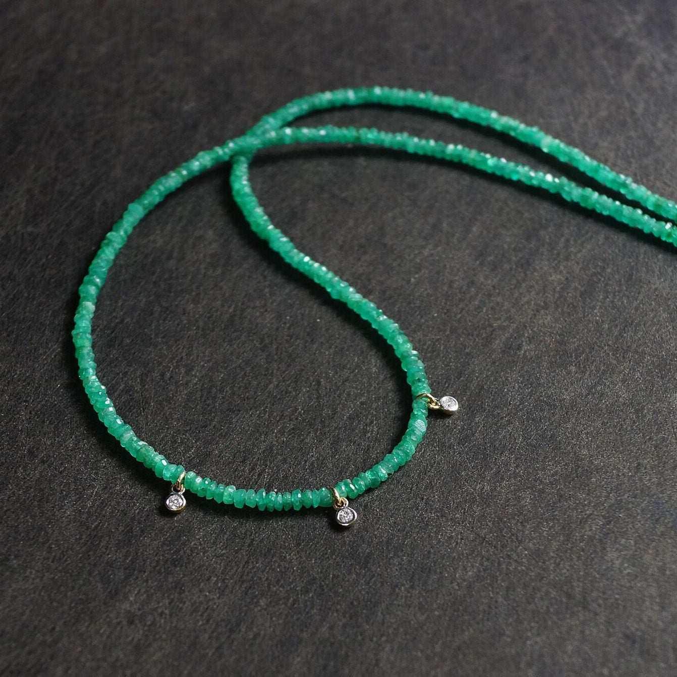 14K Solid Gold: Diamond & Emerald Necklace| 2 - 2.5 mm | Colombian Emerald| Natural Diamond Charm| Natural Green Emerald