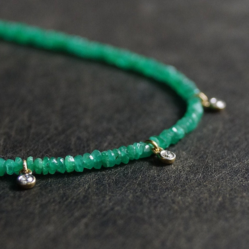 14K Solid Gold: Diamond & Emerald Necklace| 2 - 2.5 mm | Colombian Emerald| Natural Diamond Charm| Natural Green Emerald