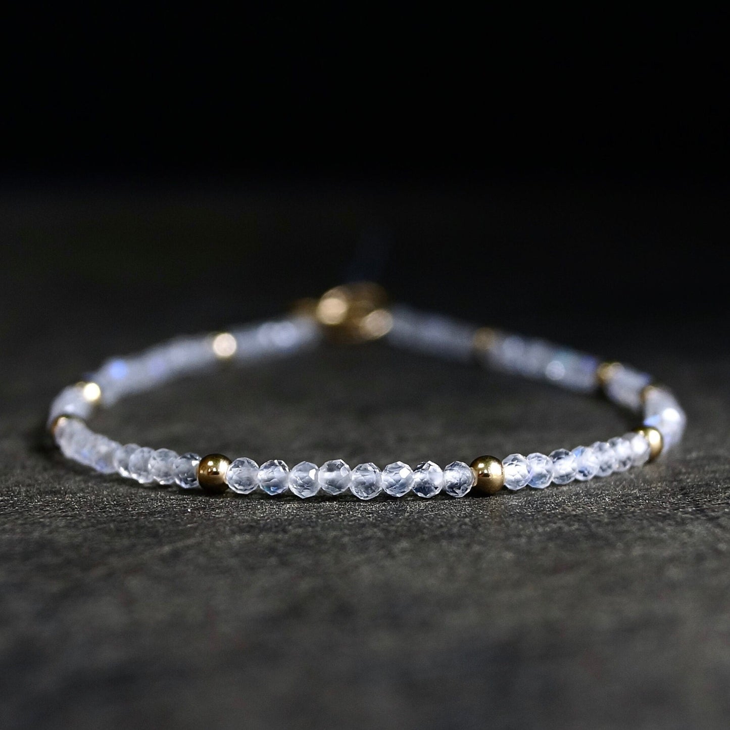 14K Solid Gold: Rainbow Moonstone Bead Bracelet | 2mm | Skinny | Blue Flush Gemstone | Healing Stone