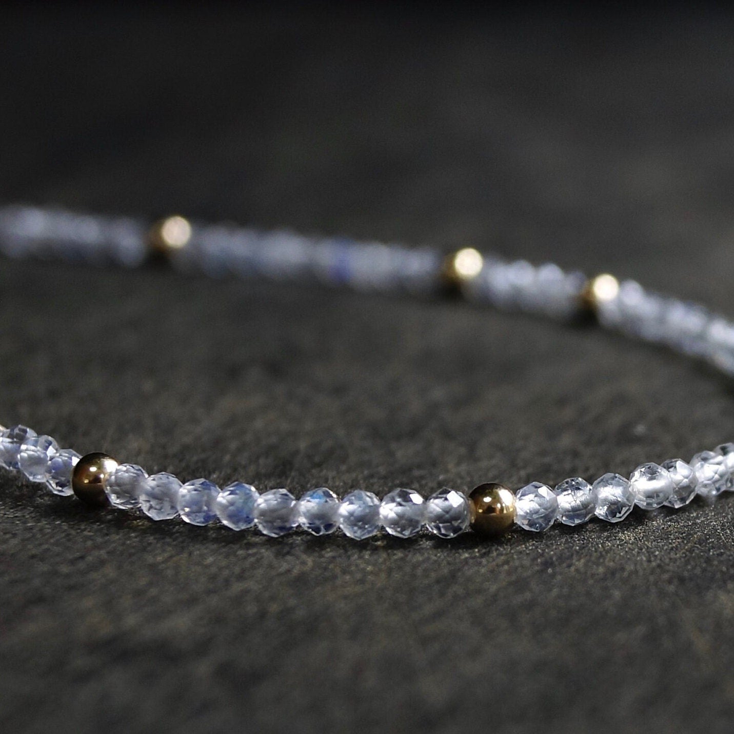 14K Solid Gold: Rainbow Moonstone Bead Bracelet | 2mm | Skinny | Blue Flush Gemstone | Healing Stone