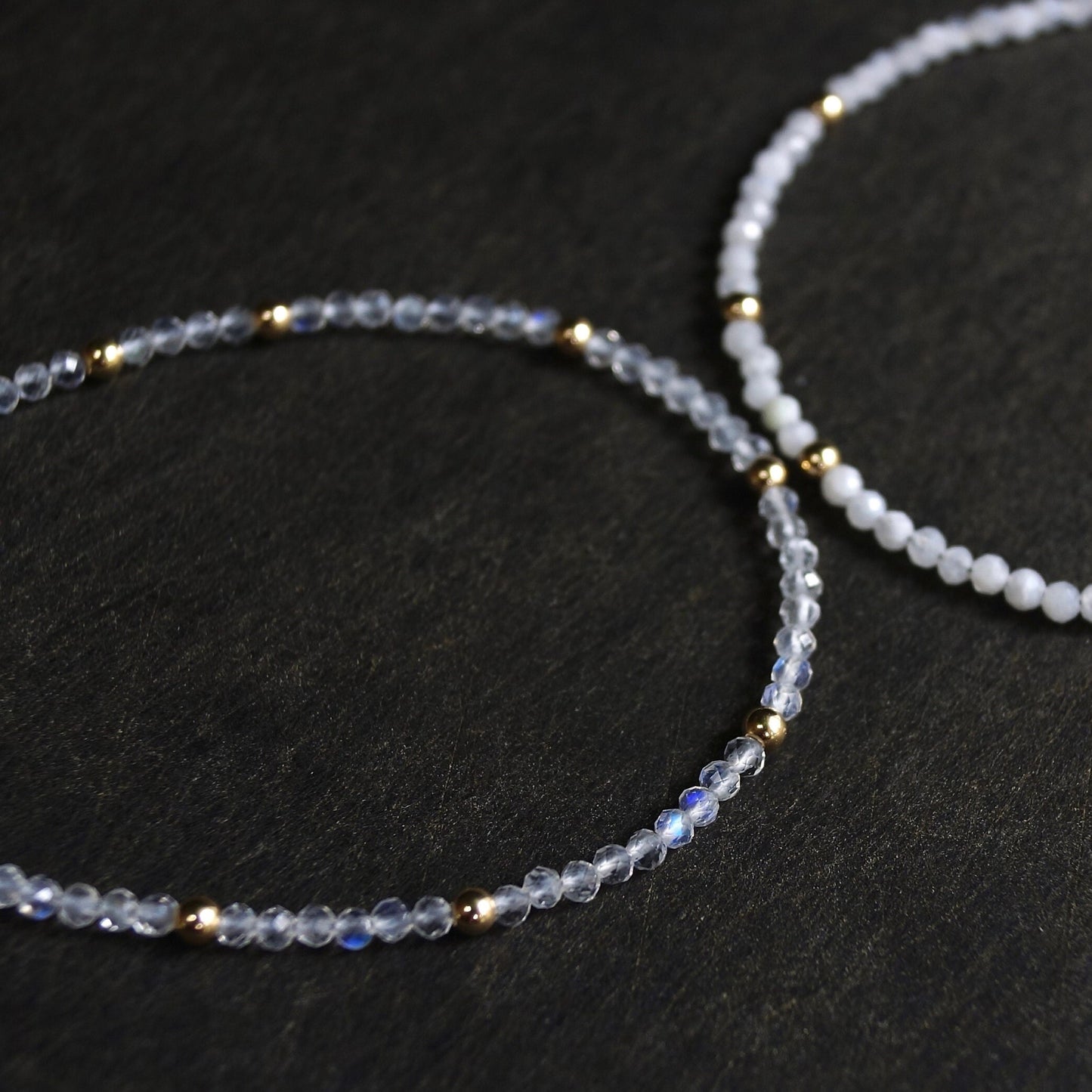 14K Solid Gold: Rainbow Moonstone Bead Bracelet | 2mm | Skinny | Blue Flush Gemstone | Healing Stone